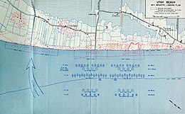 Utah landings, planned (center/right) and actual (left). North: lower right