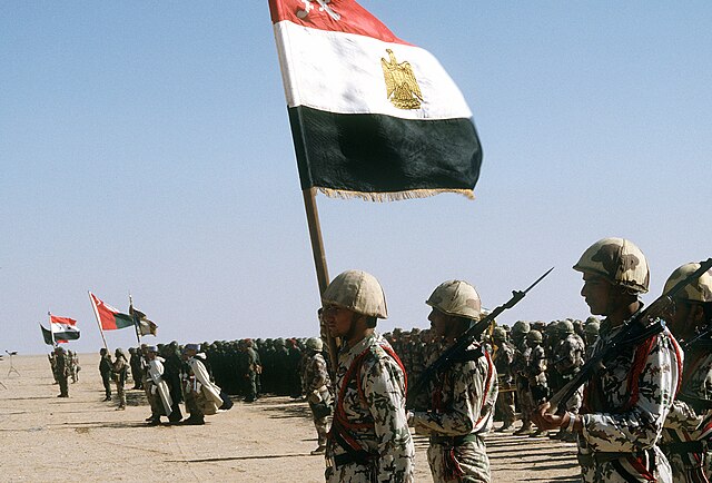 Coalition troops from Egypt, France, Oman, Syria, and Kuwait stand for review during Operation Desert Storm.