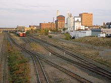 View of Downtown Brandon and the Canadian Pacific Railway yards from the Daly overpass