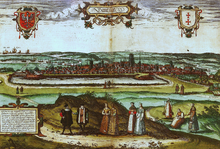 A view of Danzig in 1575, vital to Scottish grain supply and the site of a colony of Scottish merchants View of Gdansk win 1575.PNG