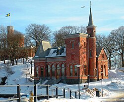 Skridskopaviljongen: Tegelbyggnad på Kastellholmen i Stockholm