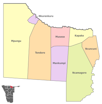 Kapako constituency (yellow, top right) in the Kavango West region of Namibia Wahlkreise in Kavango-West (2014).svg