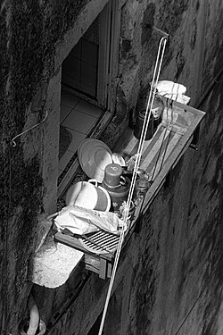 Washing up in kitchen window, Dubrovnik, Croatia