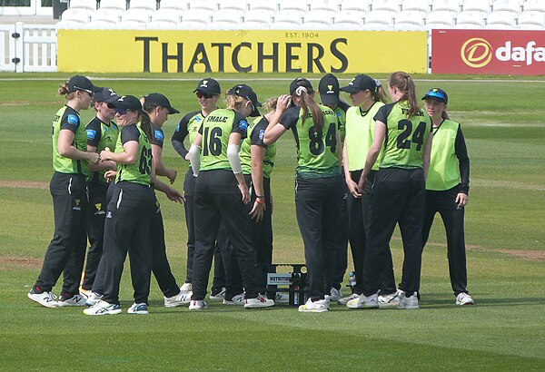 Western Storm celebrate a wicket against North West Thunder in May 2023.