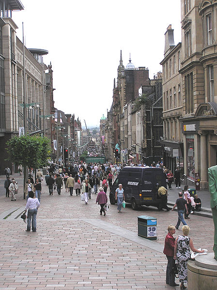 Buchanan Street looking southward towards Argyle Street and the Clyde. The green glass entrance to Buchanan Street subway station is visible midway.
