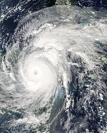 Satellite image of Wilma exhibiting a large eye and a circular region of clouds