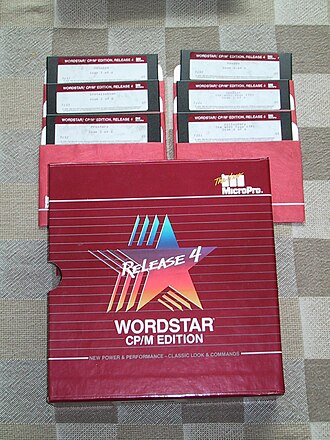 Distribution 5 1/4 inch diskettes and packaging for the last version (version 4) of WordStar word processing program released for 8-bit CP/M Wordstar 4 CPM.jpg