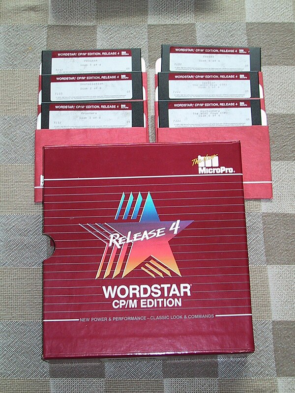 Distribution 5+1⁄4-inch diskettes and packaging for the last version (Version 4) of WordStar released for 8-bit CP/M