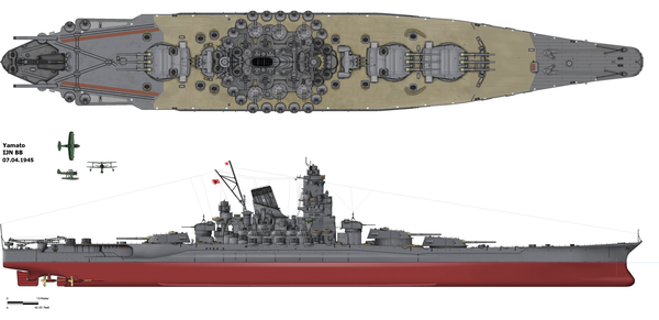 Line drawing of Yamato as she appeared in 1944–1945 (specific configuration from 7 April 1945)