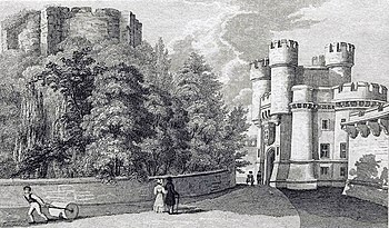 The crenellated Tudor Gothic gatehouse of the new 1825 prison at York Castle, alongside Clifford's Tower at left, depicted in 1830 York Castle in 1830.jpg