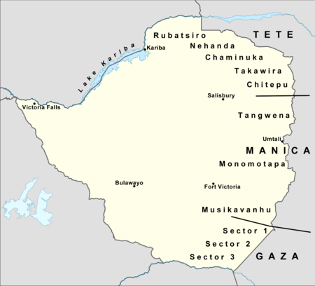 The "provinces" and sectors defined by the ZANLA leadership. The "province" names, Tete, Manica and Gaza, correspond to the neighbouring Mozambican provinces in which local ZANLA commanders were based. The sectors (apart from those in Gaza "province") were named for tribal spirits, places and leaders of the Shona people. ZANLA provinces and sectors.png
