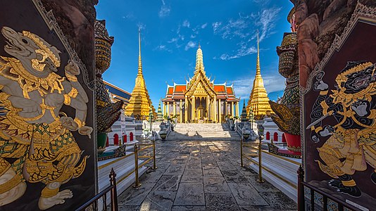 Temple of the Emerald Buddha (Wat Phra Kaew, Wat Phra Si Rattana Satsadaram) in Phra Nakhon District, the historic centre of Bangkok, within the precincts of the Grand Palace. Photograph: BerryJ