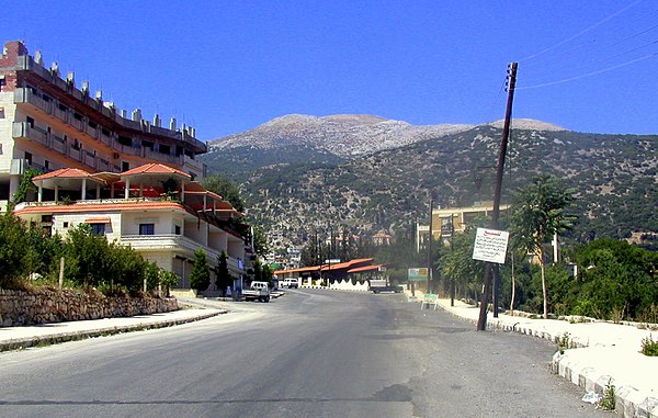 The Syrian town of Kessab, with the peak of Mount Aqra (Turkey) in the background
