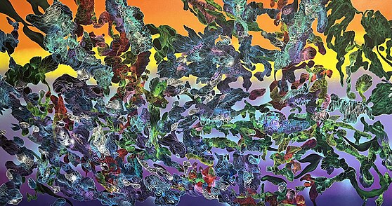 Toile de l'artiste Samuel Levy intitulée “Résonances”. Acrylique sur toile, format 150 x 300 cm. Image très colorée.