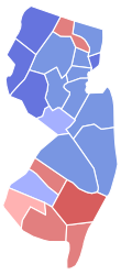 Results of the 1910 gubernatorial election in New Jersey. Wilson won the counties in blue. 1910 New Jersey gubernatorial election results map by county.svg