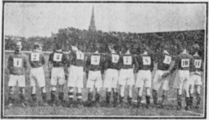 The Handelsstandens BK players showcasing the experimental squad numbers before the first round match against Osterbros BK. 1927 KBUs Pokalturnering first round match with squad numbers Handelsstandens Boldklub.png