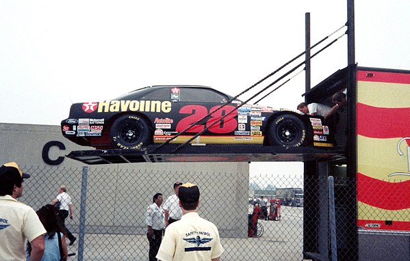 Car No. 28 being unloaded from the transporter at Indianapolis Motor Speedway in 1993.