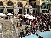 Forrest Place, a pedestrianised square, hosts many cultural events. 19 03 15 Forrest Place water and crowd.JPG