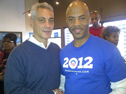 Emanuel (left) at the 2012 Hyde Park Obama presidential reelection campaign office