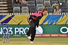 Jensen bowling for New Zealand during the 2020 ICC Women's T20 World Cup