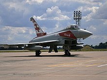 41 Squadron's Typhoon ZK315 with its centenary tail-fin during the unit's Centenary Parade at RAF Coningsby on 14 July 2016. 41 Sqn Typhoon.jpg