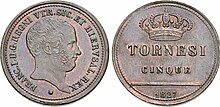 Two Sicilies tornesel, 1827 5 tornesi Francesco I.jpg