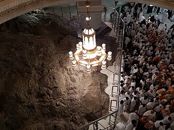 Muslim pilgrims standing in front of the safa mount which Hajj and Umrah can start from.