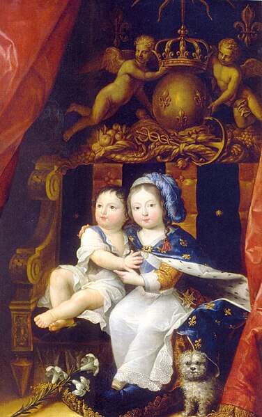 File:A young King Louis XIV of France (wearing Fleur-de-lis) sitting on a throne with his ...