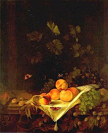 Still life with peaches and grapes. circa 1680 date QS:P,+1680-00-00T00:00:00Z/9,P1480,Q5727902 . 89 × 73 cm (35 × 28.7 in). The Hague, Royal Picture Gallery Mauritshuis.