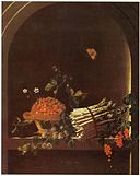 Adriaen Coorte - Still life with asparagus, a spray of gooseberries, a bowl of strawberries and other fruit in a niche.jpg