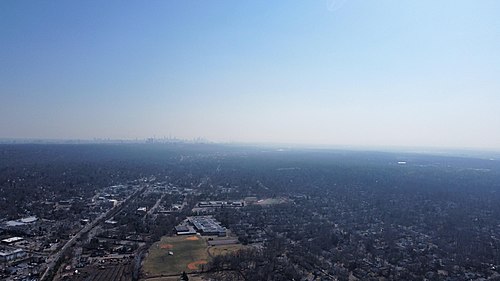 Aerial view of Tenafly. New York City can be seen in the distance