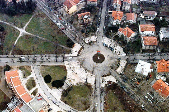 Aerial photograph of Croatian Nobles Square in Mostar after the war, where the Government of Herzeg-Bosnia was located