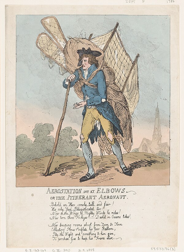 "Aerostation out at Elbows, or The Itinerant Aeronaut" print illustration and poem (1785)