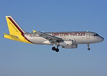 Germanwings Airbus A319-100, wearing the airline's first livery, in 2010. Airbus A319-132, Germanwings AN1749519.jpg