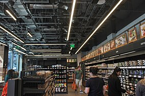 Various cameras and sensors being used in the ceiling of an Amazon Go store. Amazon Go at Madison Centre (42589250540).jpg