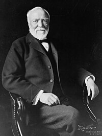 Andrew Carnegie, American industrialist and philanthropist, dies in Lenox, Massachusetts. Andrew Carnegie, by Theodore Marceau.jpg