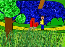 Screenshot einer schlichten Teichszene mit Baum, Strauch und Gras, einem Steg und einer Person.