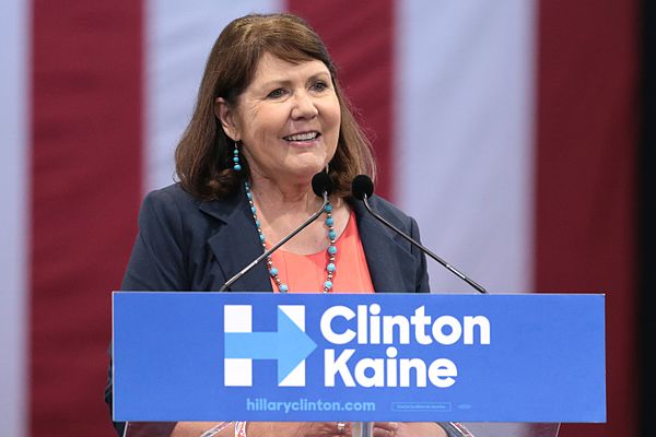 Kirkpatrick speaking in support of Hillary Clinton at a campaign rally in October 2016