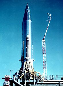The Atlas-B with SCORE on the launch pad; the rocket (without booster engines) constituted the satellite. Atlas-B with Score payload.jpg
