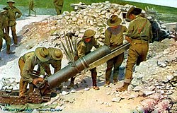 A 9.45-inch heavy mortar, or 'flying pig' (this example on the Somme is manned by Australian troops). AustraliansLoading9.45inchMortarColouredPostcard1916.jpg