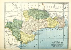 County Waterford Barony haritası, 1900; Orta Üçüncüsü doğuda sarı renklidir.