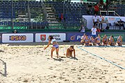 Deutsch: Beachhandball Europameisterschaften 2019 (Beach handball Euro); Tag 2: 3. Juli 2019 – Frauen, Vorrunde Gruppe C, Spanien-Griechenland 2:1 (12:20, 18:16; 8:2) English: Beach handball Euro; Day 2: 3 July 2019 – Women Preliminary Round Group C – Spain-Greece 2:1 (12:20, 18:16; 8:2)