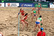 Deutsch: Beachhandball Europameisterschaften 2019 (Beach handball Euro); Tag 4: 5. Juli 2019 – Frauen, Viertelfinale, Kroatien-Ukraine 2:0 (21:20, 21:18) English: Beach handball Euro; Day 4: 5 July 2019 – Quarter Final Women – Croatia-Ukraine 2:0 (21:20, 21:18)