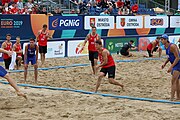 Deutsch: Beachhandball Europameisterschaften 2019 (Beach handball Euro); Tag 5: 6. Juli 2019 – Männer, Halbfinale, Dänemark-Ungarn 2:0 (19:16, 22:18) English: Beach handball Euro; Day 5: 6 July 2019 – Semifinal Men – Denmark-Ukraie 2:0 (19:16, 22:18)