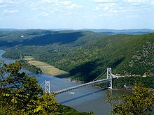 The Bear Mountain Bridge connecting Westchester and Orange Counties, New York, across the Hudson River, as seen from Bear Mountain