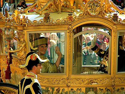 Queen Beatrix and her son, Willem-Alexander in the Golden Coach on Prinsjesdag 2007, the day she gives the annual speech from the throne outlining the government's agenda for the upcoming parliamentary year.