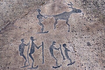 Petroglify nad Morzem Białym – wizerunek renifera oraz pięciu ludzi na nartach (2016)