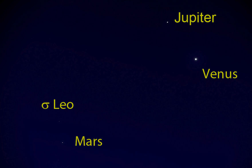 Venus on 26 October 2015 at her greatest western elongation in the constellation Leo close to Jupiter and Mars. Magnitudes: Venus: -4,5 mag, Jupiter: -1,8 mag, Mars: +1,8 mag, Leo: +4,1 mag Berlin.Suedosthimmel.26.10.2015.7.11.Uhr.jpg