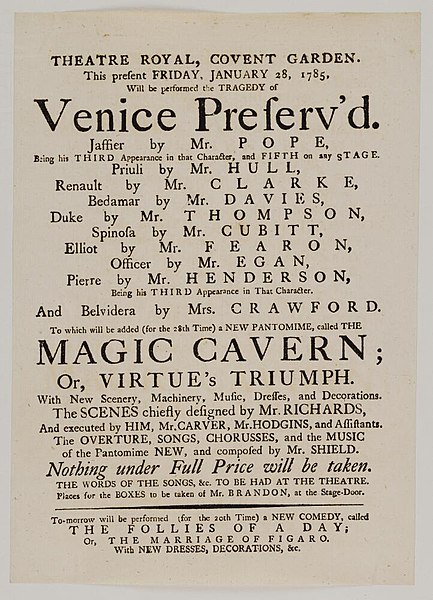 File:Bodleian Libraries, Playbill of Covent Garden, Friday, January 28, 1785, announcing Venice preserv'd &c..jpg