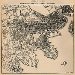 Map showing all ground in Boston occupied by buildings in 1880. Columbia Point is in the center near bottom with two roads going out to the pumping station and calf pasture. From U.S. Census Bureau. Boston ground 1880.jpg